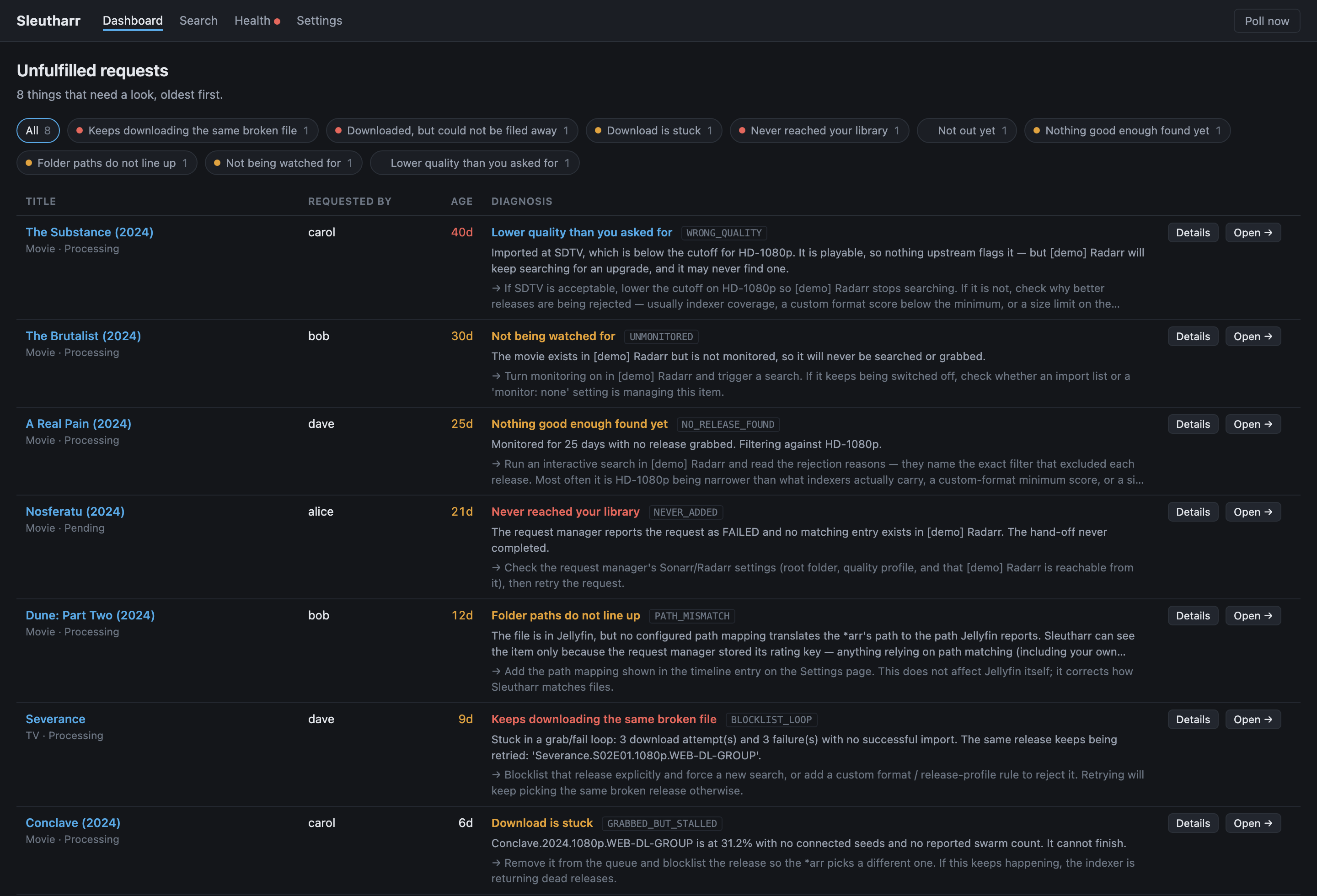 The Sleutharr dashboard listing stuck requests, each with a plain-English verdict and a suggested next step.