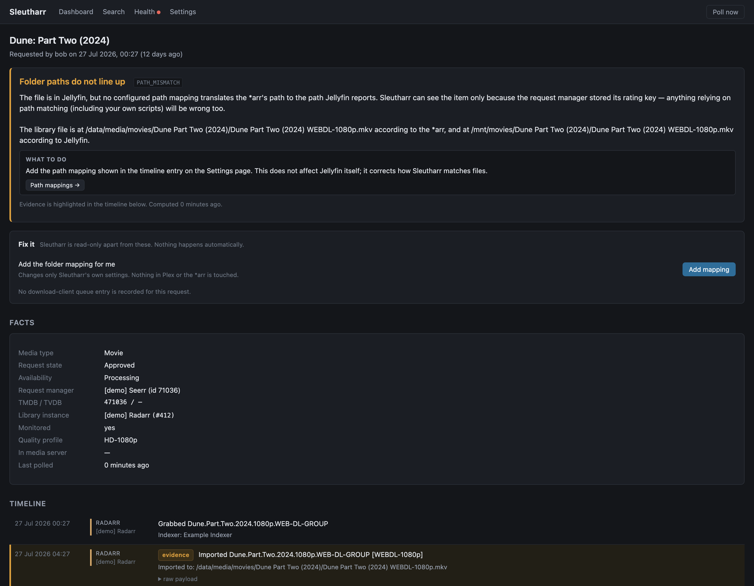 A single request showing its verdict, the recommended action, and a timeline of every event across all services.